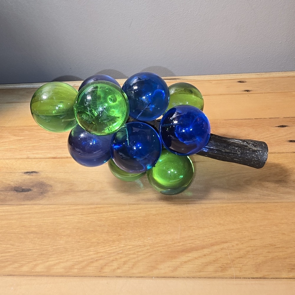 Vintage 1960's MCM Lucite Acrylic Blue/Green Grape Cluster Faux Wood Stem 8"